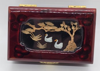 Vintage Asian Jewelry Box With Swans & Trees Decor