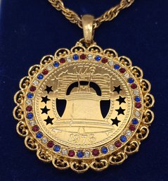 Vintage Royal Gems Liberty Bell Gold Pendant Necklace In Original Box