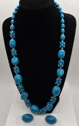 Vintage Blue Beaded Necklace & Matching Earrings