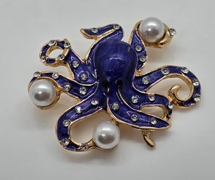Fantastic Octopus Brooch With Faux Pearls