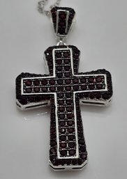 Garnet, White Zircon Reversible Cross Pendant Necklace In Rhodium Over Sterling