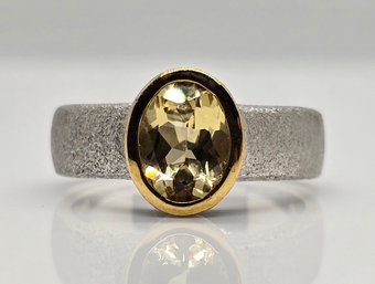 Brazilian Sunfire Beryl Sandblast Texture Ring In Yellow Gold & Platinum Over Sterling