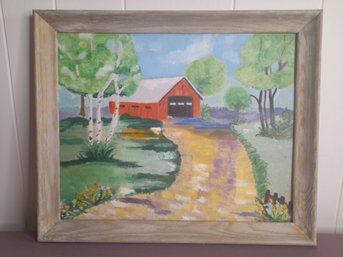 Signed Oil On Board Of A Red Barn & Driveway