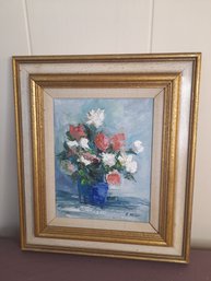 Signed Oil On Canvas Of Flowers In A Blue Vase By R. Miller
