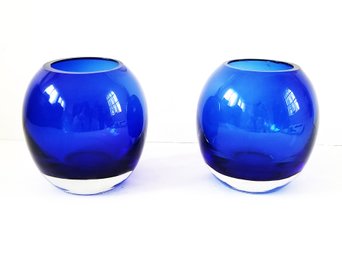 Vintage Pair Of Cobalt Blue Glass Tea Light/votive Candle Holders