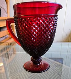 Incredible Ruby Red Diamond Point Cut Crystal Vintage Glass Pitcher