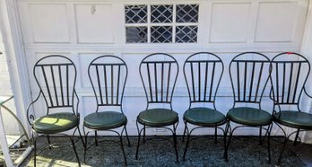 Set Of 6 Metal Patio Chairs With Green Cushions