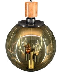 Mid Century Gruvwood & Smoked Glass Hanging Swag Lamp
