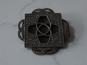 Large Sterling Silver Marcasite Smoke Color Stone Broach