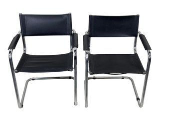Pair Of Mid Century Iconic Mart Stam S34 Style Armchairs / Bauhaus Chrome Tube Steel And Leather