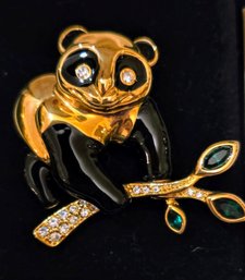 Swarovski Crystal Gold Tone Black Enamel Panda Bear Brooch (in Box)