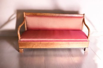 Vintage Wood & Stripe Orange/Salmon Colored Fabric Sofa Bench