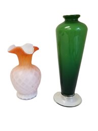 Vintage Green Blown Glass Bud Vase & Orange & White Ombre Satin Glass Ruffled Edge Bud Vase