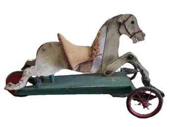 Fantastic Antique Wooden Horse Ride On Toy - Needs Some Repair