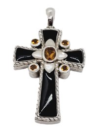 Sterling Silver Black Enamel And Citrine Cross Pendant Only