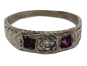 Vintage 14K White Gold, Diamond & Ruby Dainty Ladies Size 4 Ring
