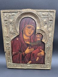 Antique Hand-Painted Old Master Russian Icon Of Madonna And Child