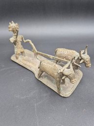Antique Indian Bronze Sculpture Of Farmer Plowing Field With Oxen