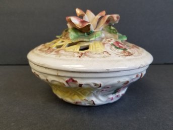 Antique Majolica Pottery Trinket Or Jewelry Covered Dish Hand Painted Italy
