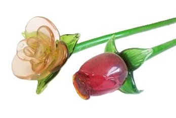 Vintage Art Glass Colorful Long Stemmed Flowers Rose Bud And Flower