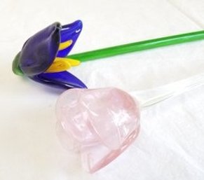 Vintage Art Glass Colorful Long Stemmed Flowers Blue Lily And Pink Rose