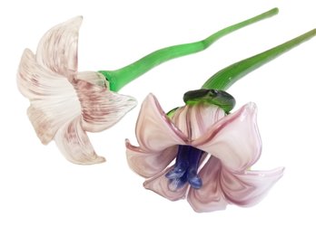 Vintage Art Glass Colorful Long Stemmed Purple Flowers