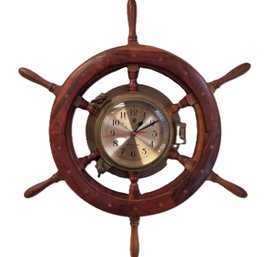 Vintage Ship's Time Captains Wheel 24' Solid Mahogany Wood Brass Wall Clock Porthole Nautical