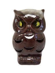 Vintage 1970's Inarco Brown Ceramic Glazed Marble Eyed Owl Candle Holder - Made In Japan