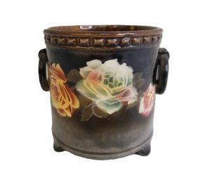 Small Antique Czechoslovakia Hand Painted Art Pottery Footed Planter With Ring Handles