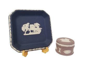 Vintage Wedgwood Jasperware Portland Blue Square Plate Ulysses In Chariot & Lilac Pill Box - Made In England