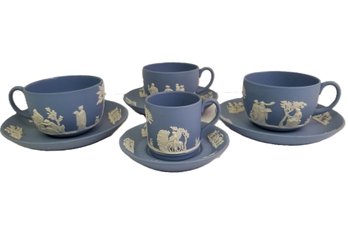 Vintage Wedgwood Jasperware Blue Teacups & Saucers And Demitasse Cup & Saucer - Made In England