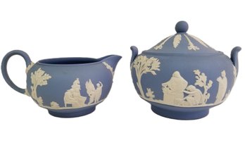 Vintage Wedgwood Blue Jasperware Creamer & Sugar Bowl - Made In England