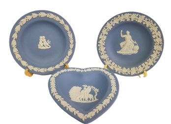 Small Vintage Wedgwood Blue Jasperware Round & Heart Shaped Trinket Dishes - Made In England