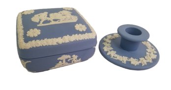 Vintage Wedgwood Blue Jasperware Square Trinket Box & Candlestick Holder - Made In England