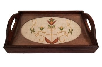 Vintage Glass Top Needlepoint Tray