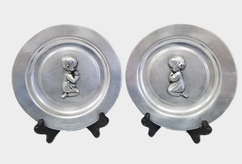 Vintage Pewter Plates With Kneeling Praying Children Nursery Childs Room Decor