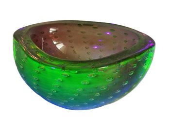 Vintage Murano Uranium Art Glass Bullicante Green Purple Bowl Element Shell Ashtray Italy, 1970s