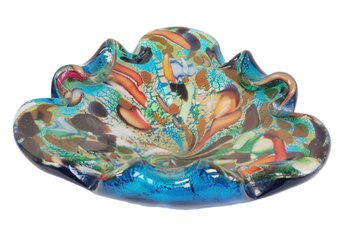 Vintage 1960s Murano (?) Tutti Frutti Blue Colorful Handkerchief Art Glass Bowl