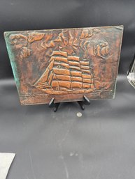 Vintage/Antique Hand Hammered Copper Relief Of A Sailing Ship At Full Mast- 3rd Party Shipping