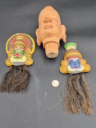 2 Vintage Hanging Kathakali Masks Plus Wood Carved Head