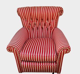 Vintage Red And White Wingback Striped Armchair With Button Back