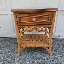 Henry Link Apricot Wicker Side Table With Storage Shelf And Drawer