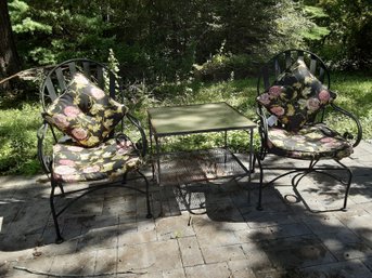 Pair Of Iron Bouncer Chairs With Cushions & Metal Table