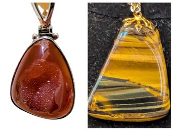 Large Impressive Semi Precious Gemstone Pendants, Tiger Eye With Gold Plated Chain, And Red Agate
