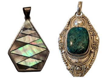 Sterling Chrysocolla Stone Pendant  From Israel With Geometric Iridescent MOP Pendent