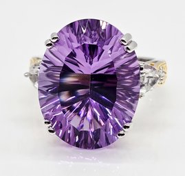 Concave Cut Rose De France Amethyst, White Topaz Ring In Yellow Gold & Rhodium Over Sterling