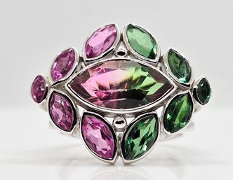 Sajen Silver Bi-color Watermelon Tourmaline Doublet Quartz Ring In Rhodium Over Sterling