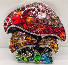 Multi-Color Crystal Mushroom Brooch In Silvertone