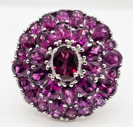 Rhodolite Garnet Flower Ring In Rhodium Over Sterling