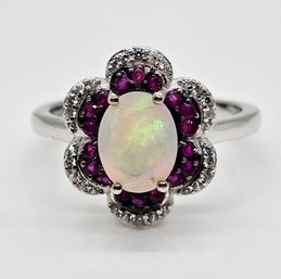 Premium Ethiopian Welo Opal, Ruby & Zircon Ring In Rhodium Over Sterling